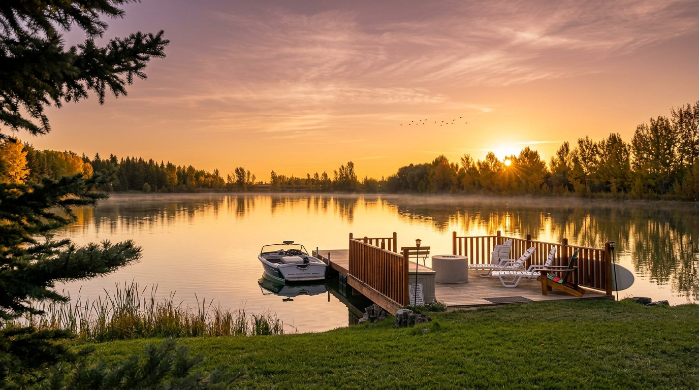 Golden-hour sunset over the 33-acre private lake at Wakeside Lake Lodge in Rexburg, Idaho